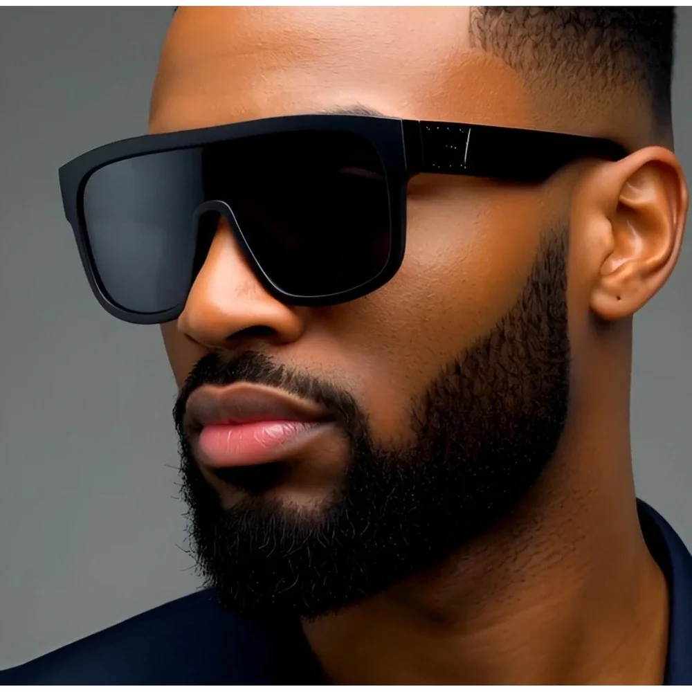 Flat Top Sunglasses Men's Fashion Oversized Square Frame‎ Dark Black Lens Luxury